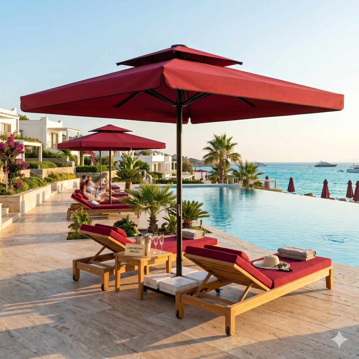 Red luxury parasol at a coastal resort pool