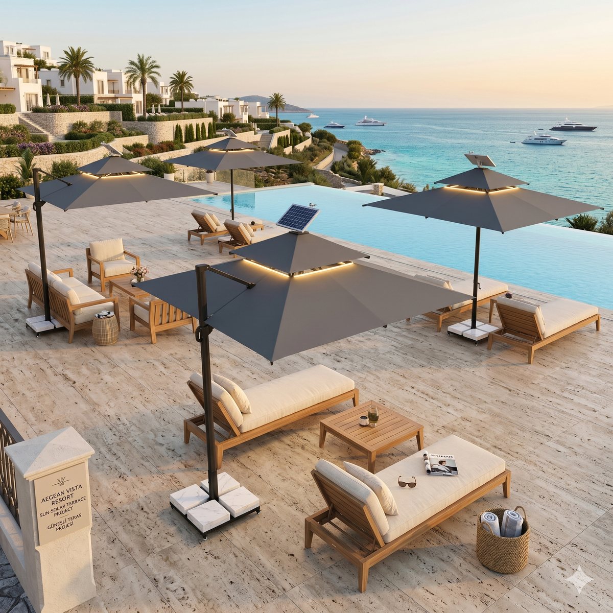 Solar parasols on a resort pool terrace