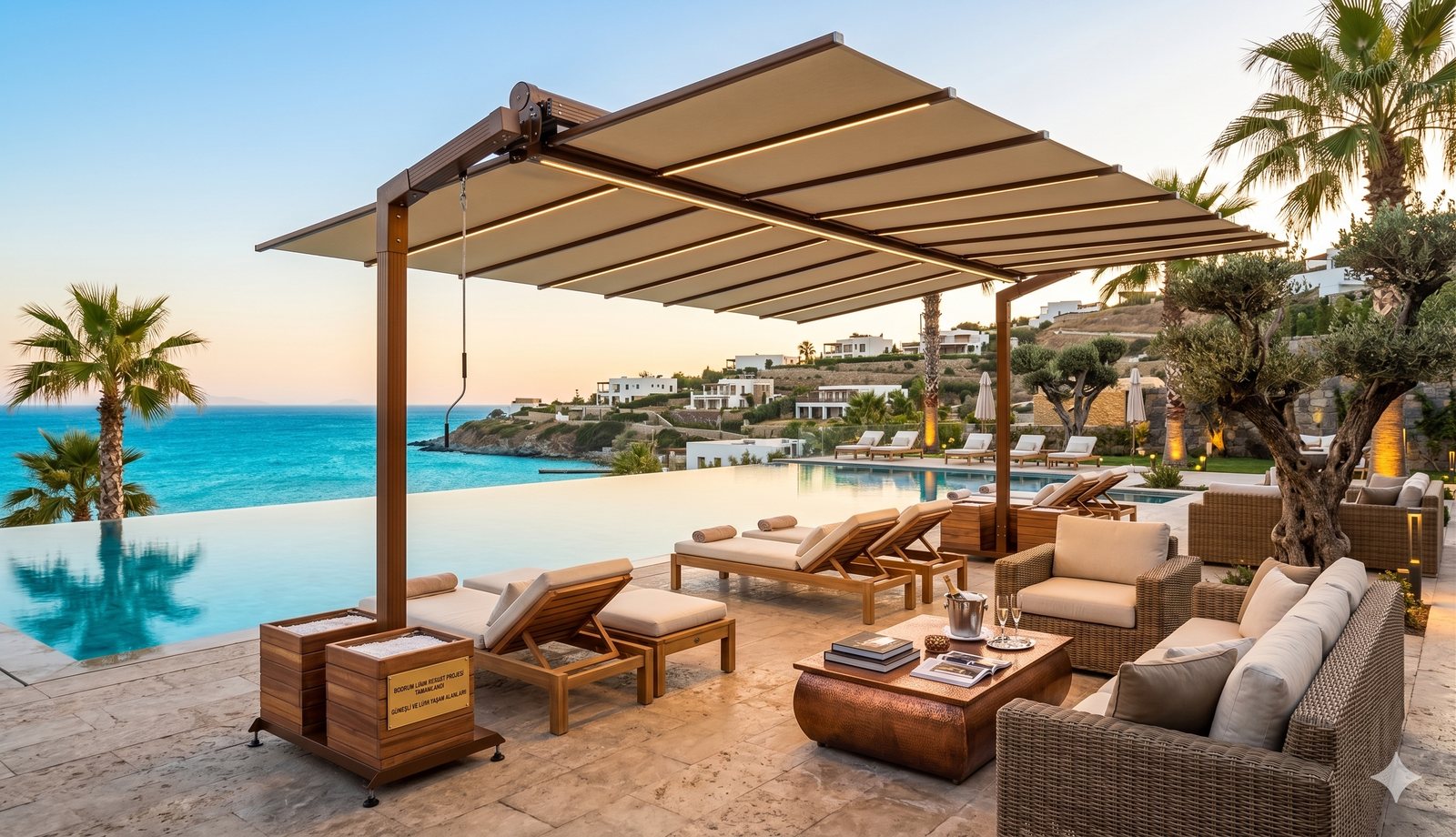 Motorised pergola over a resort terrace